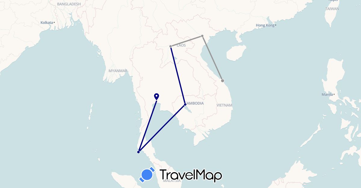 TravelMap itinerary: driving, plane in Cambodia, Laos, Thailand, Vietnam (Asia)